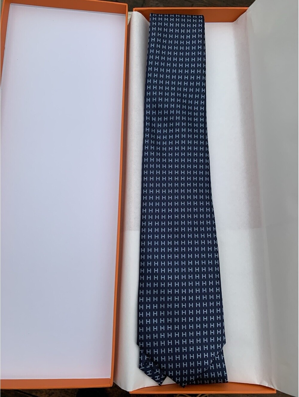 HERMÈS MEN'S CLASSIC FACONNEE H TIE Navy Dark BLUE Silver H hermes Ties